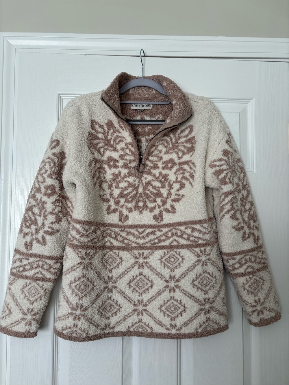 Knox Rose Cream & Brown Patterned Sherpa Half-Zip Pullover
